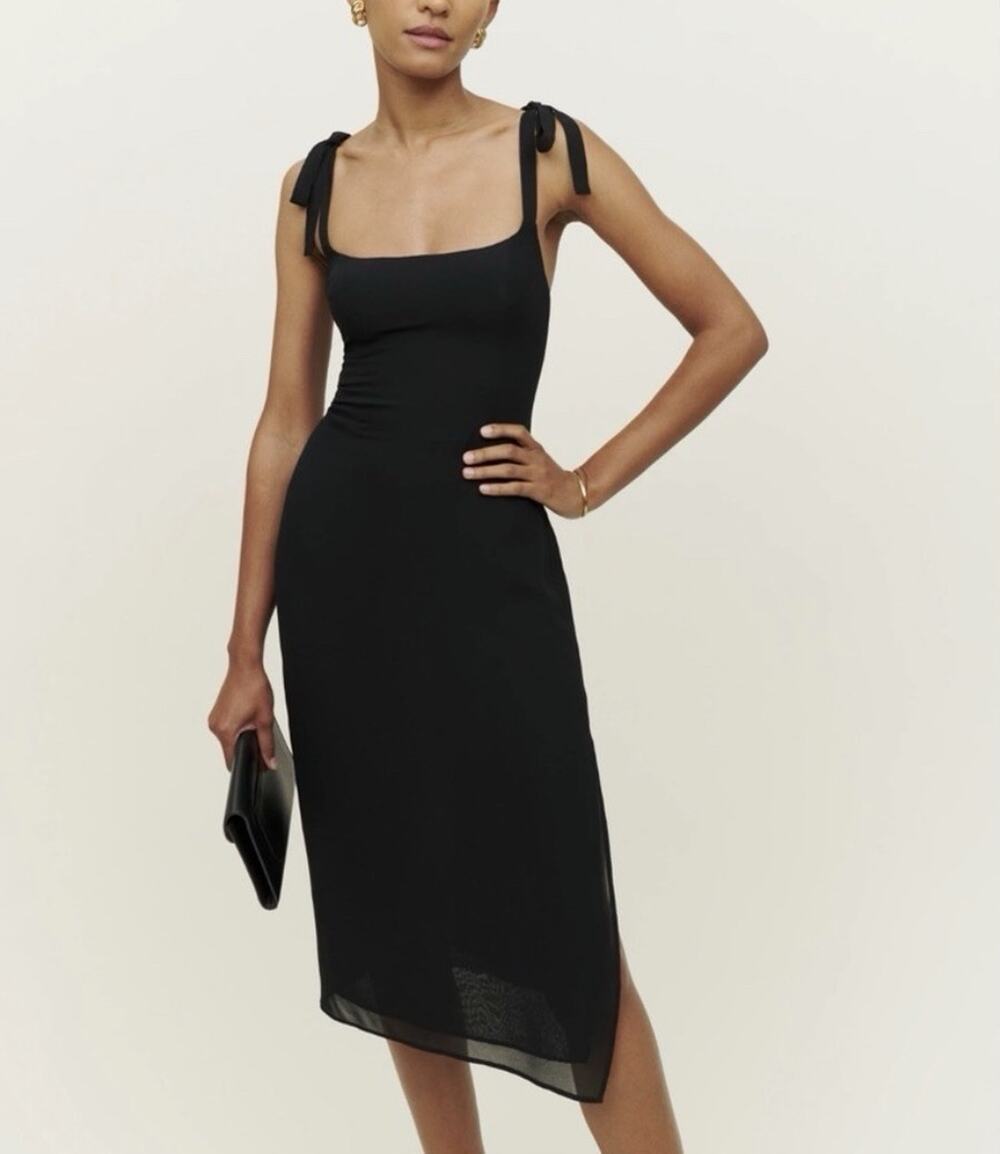 Reformation Besse Dress Black Midi Viscose Tie Strap Size 4